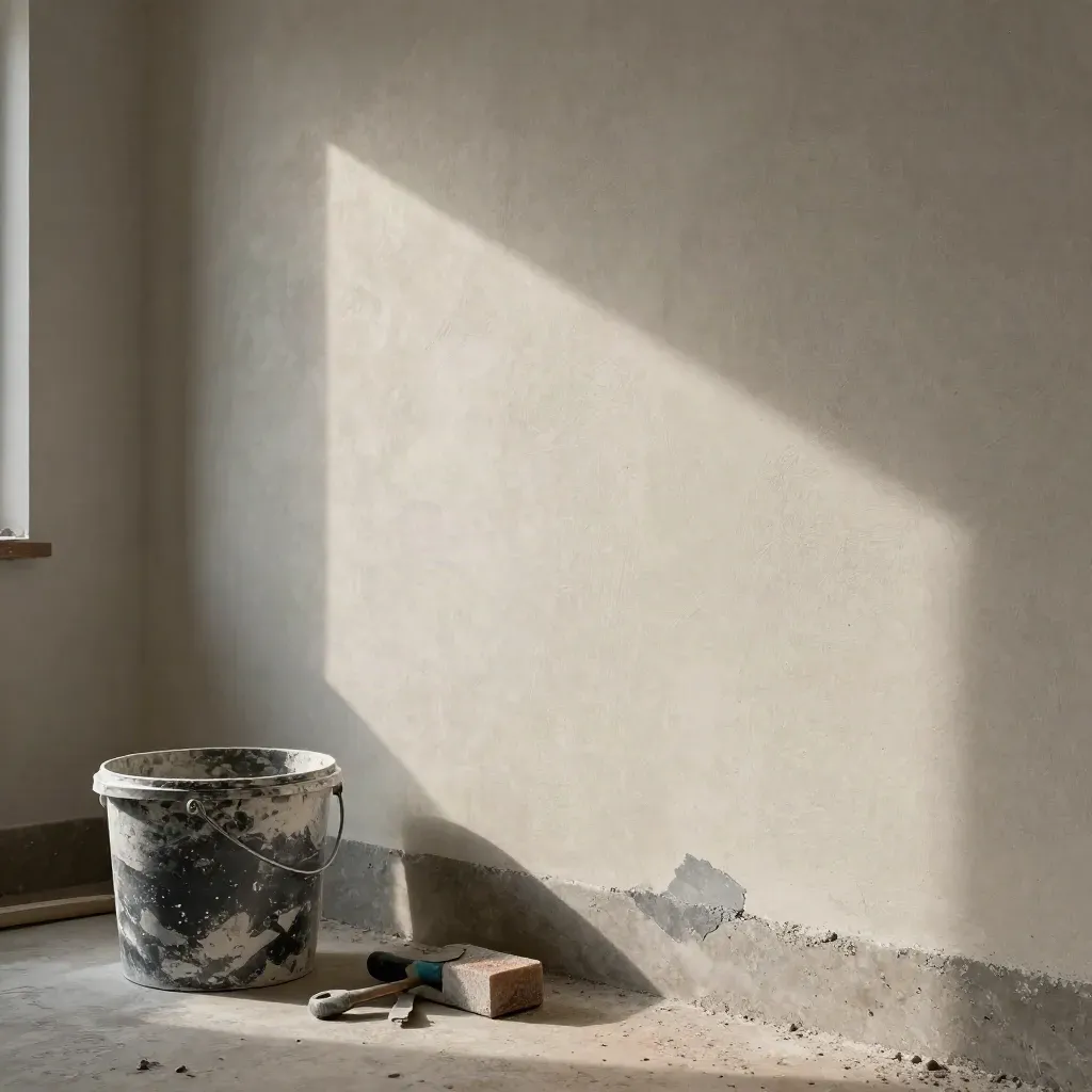 Parete interna rasata con secchio di rasante, frattazzo e blocco abrasivo su fondo cantiere