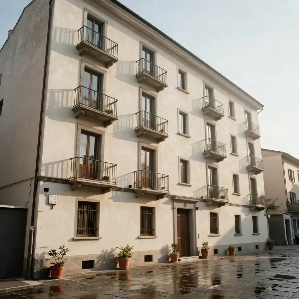 Facciata condominiale appena tinteggiata, balconi scuri e cielo pulito dopo la pioggia.