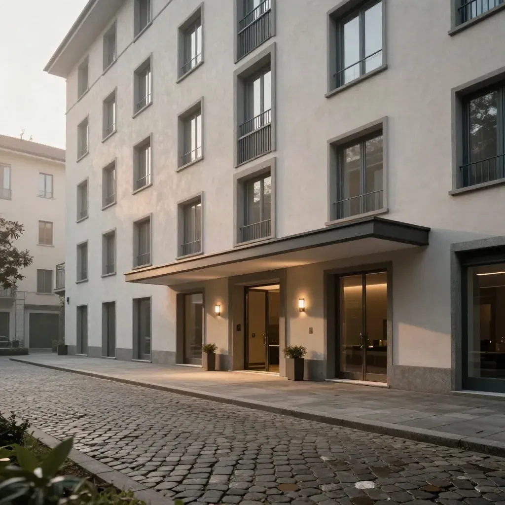 Condominio milanese riqualificato con facciata e ingresso finiti