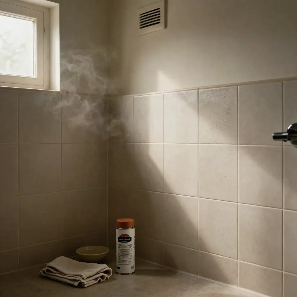 Angolo bagno asciutto trattato contro muffa, luce calda, barattolo tecnico e vapore leggero.