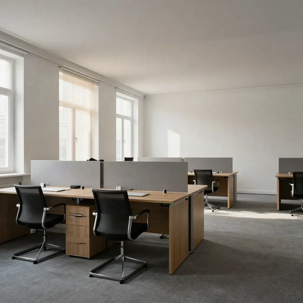 Ufficio vuoto appena tinteggiato, soffitto nuovo e postazioni ordinate con tende abbassate