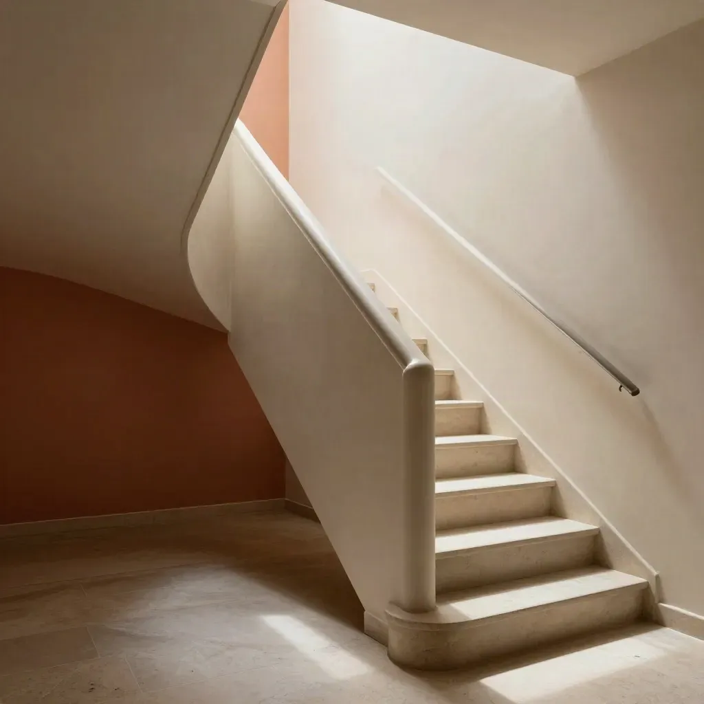 Scala interna rifatta con corrimano smaltato e luce calda sulle pareti rasate