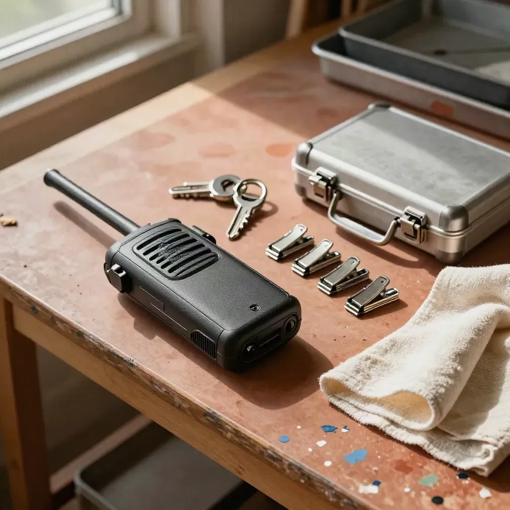 Radio da cantiere, anelli anodizzati e cassetta ricambi su banco ordinato in officina.