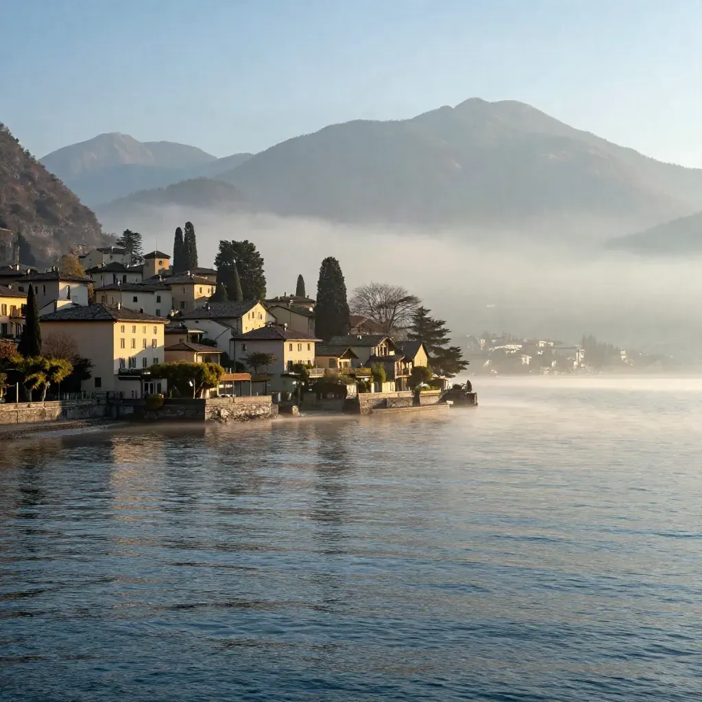 Lago di Como all’alba con Varenna alta nella bruma e acqua calma in primo piano