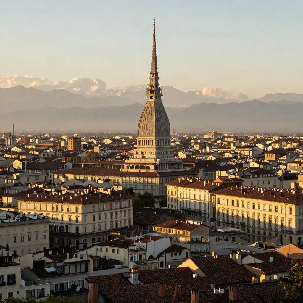 Torino all’alba con la Mole Antonelliana alta sui tetti e la piana del Po nella foschia dorata.
