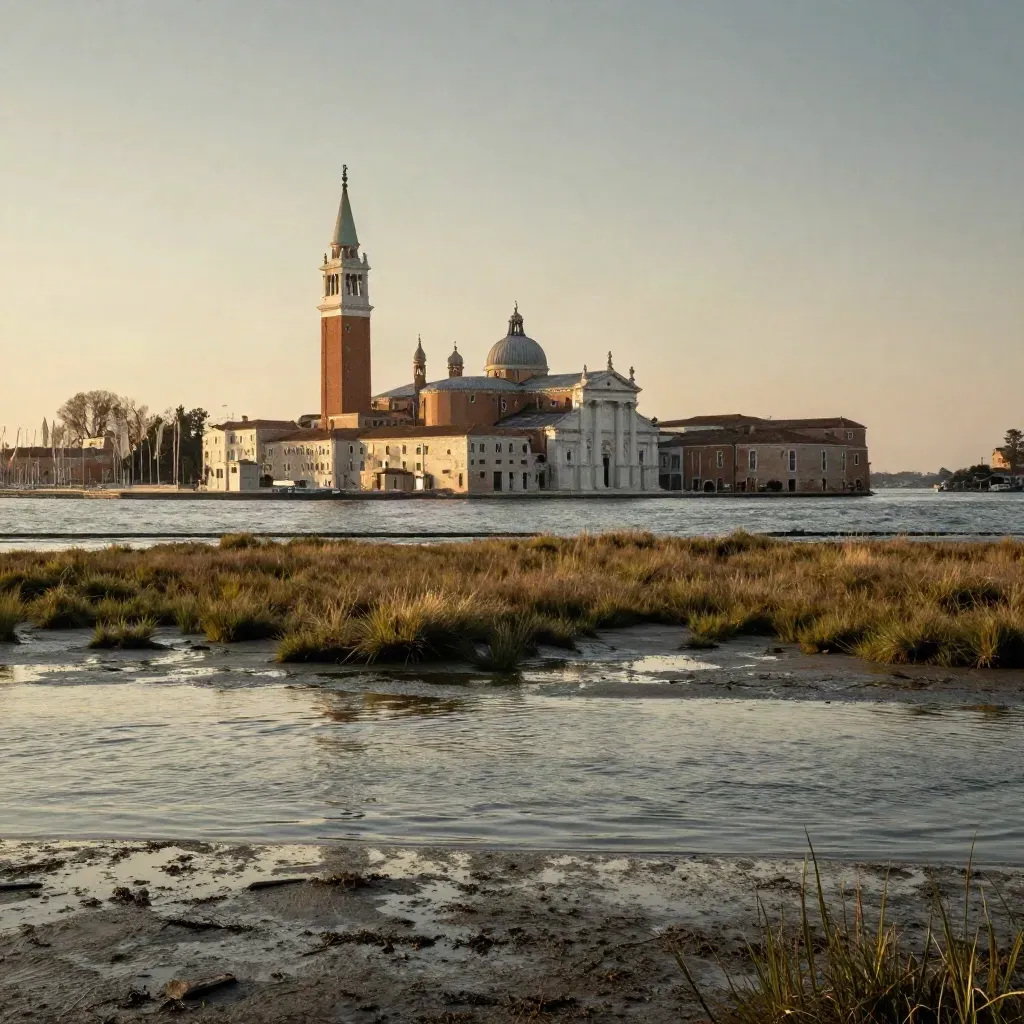 La laguna veneta al tramonto con San Giorgio Maggiore alto e acque calme sotto la foschia.