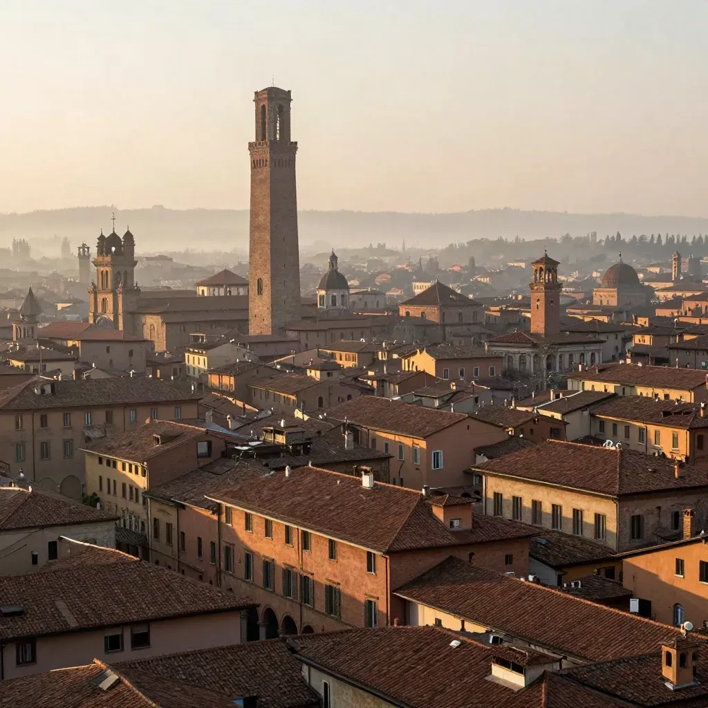 Le Due Torri di Bologna sopra tetti terracotta avvolti nella foschia del mattino